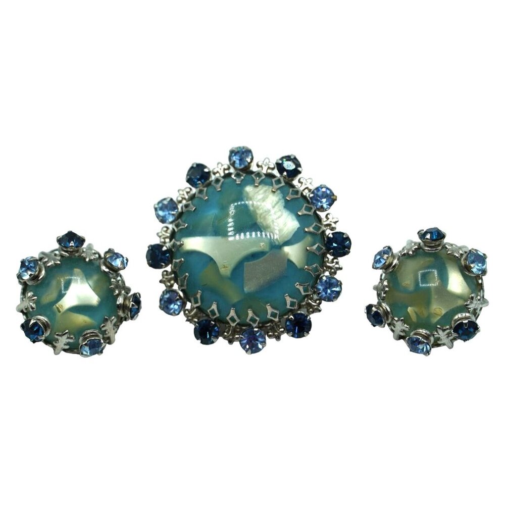 Vintage Rhinestone Set Confetti Lucite Brooch Earrings Blue Green Fleur de Lis C